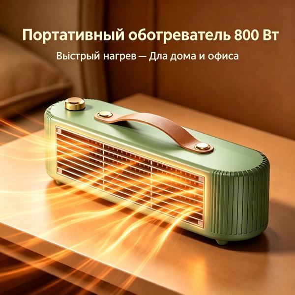 Портативный настольный обогреватель‑тепловентилятор 800 Вт, зелёный для дома и офиса