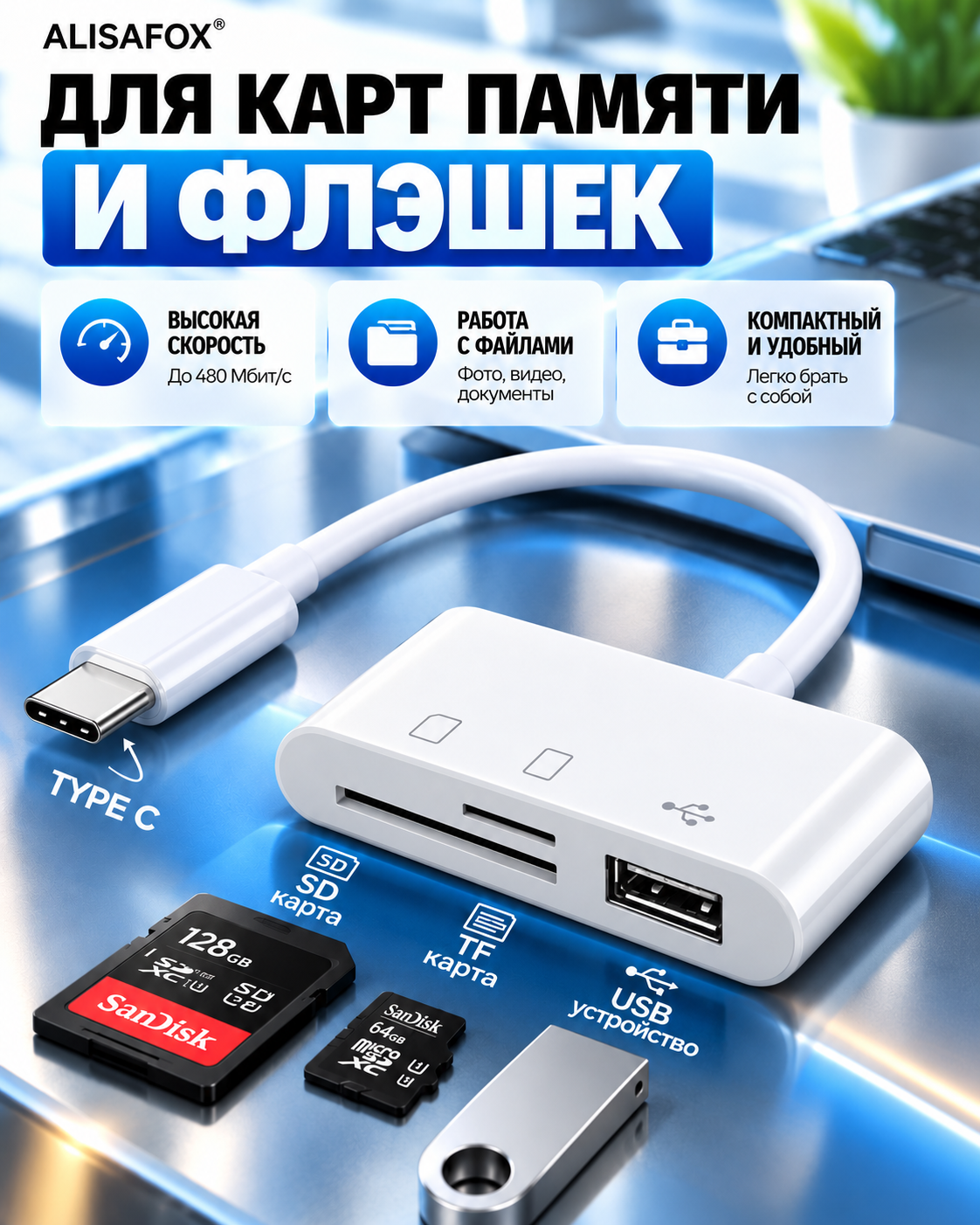 Картридер 4 в 1 универсальный Type C для чтения SD-карт памяти, U-диск, OTG адаптер, кабель-разветвитель для планшетов