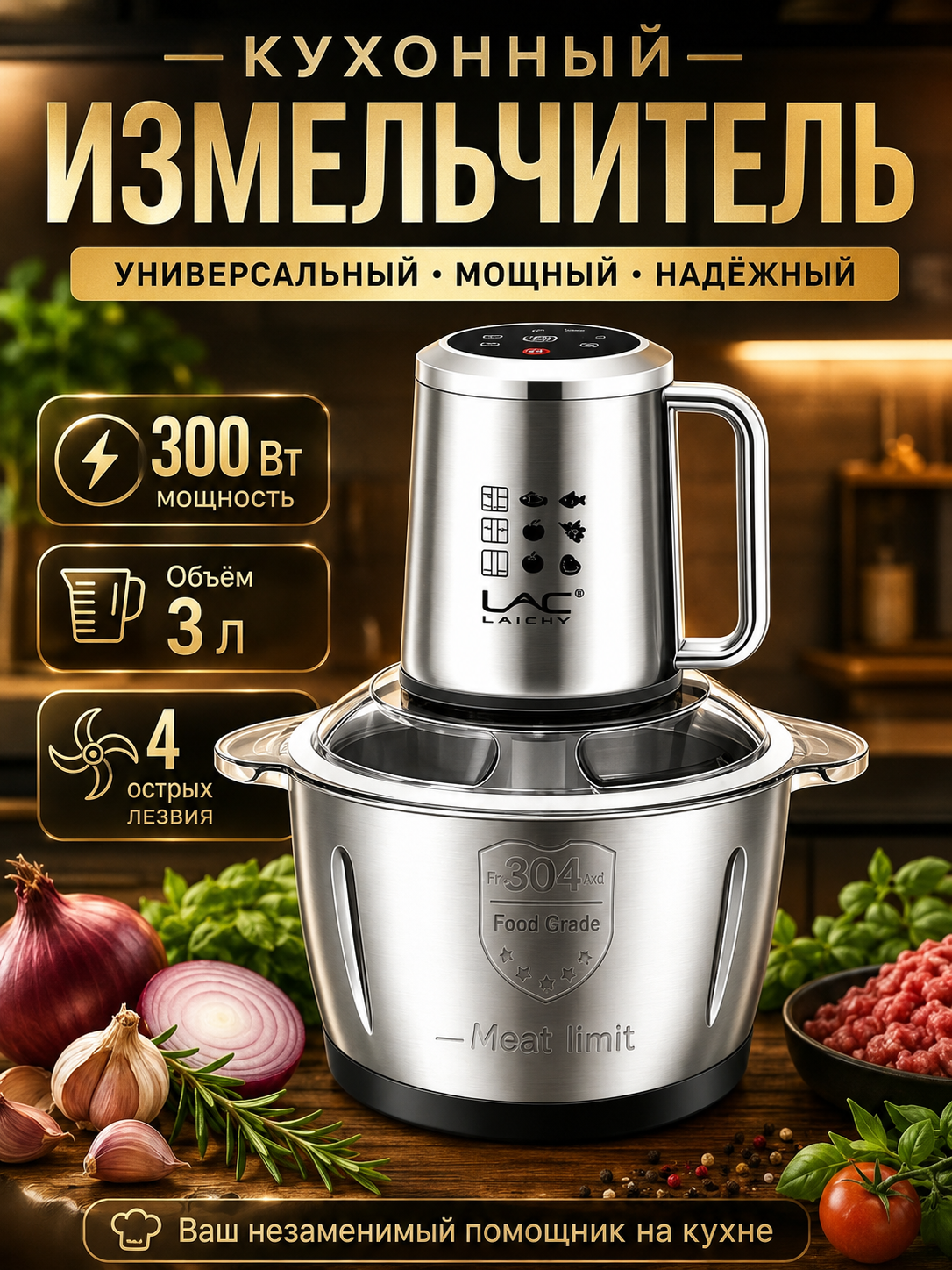 Измельчитель электрический , 300 Вт, 4лезвий, стеклянная чаша 3 л