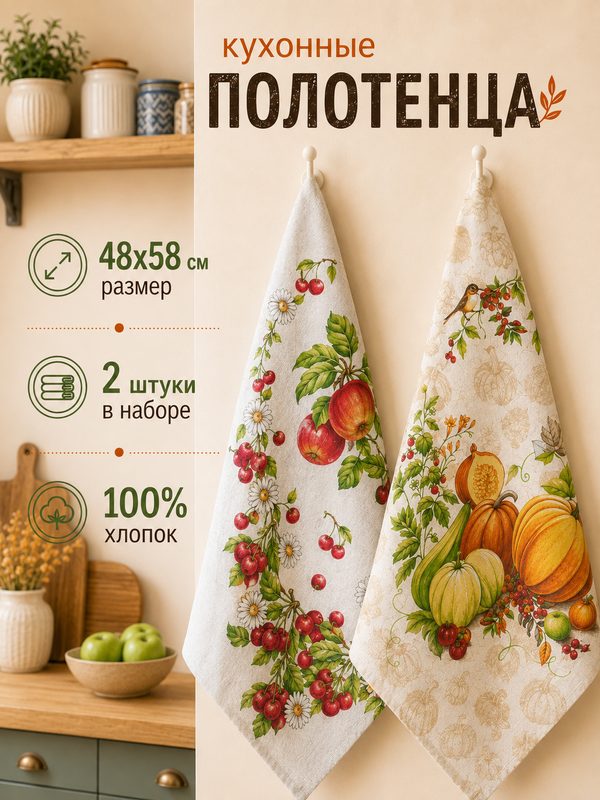 Набор кухонных полотенец 2 шт Богатый урожай осень 48х58 см хлопок 100% урожай