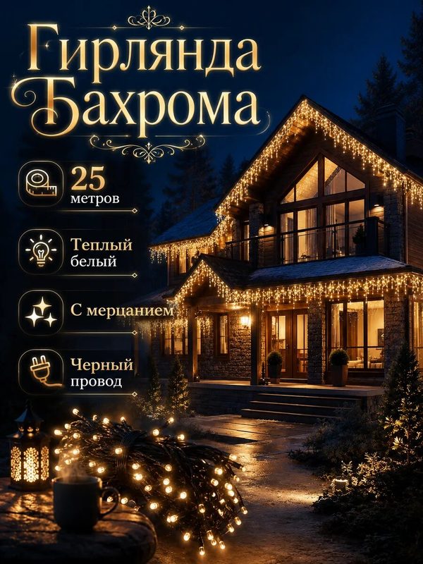 Гирлянда бахрома уличная 25 метров черный провод