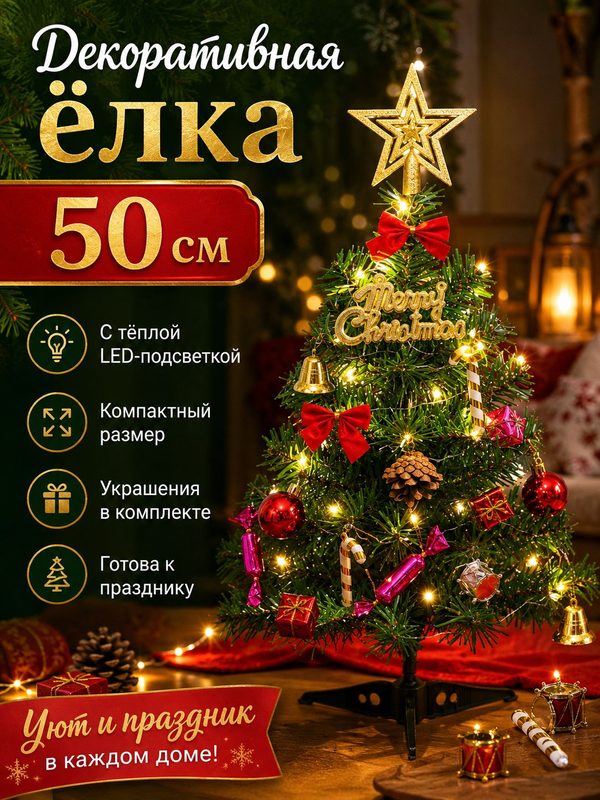 Декоративная ёлка 50 см с LED подсветкой и украшениями, 1 шт