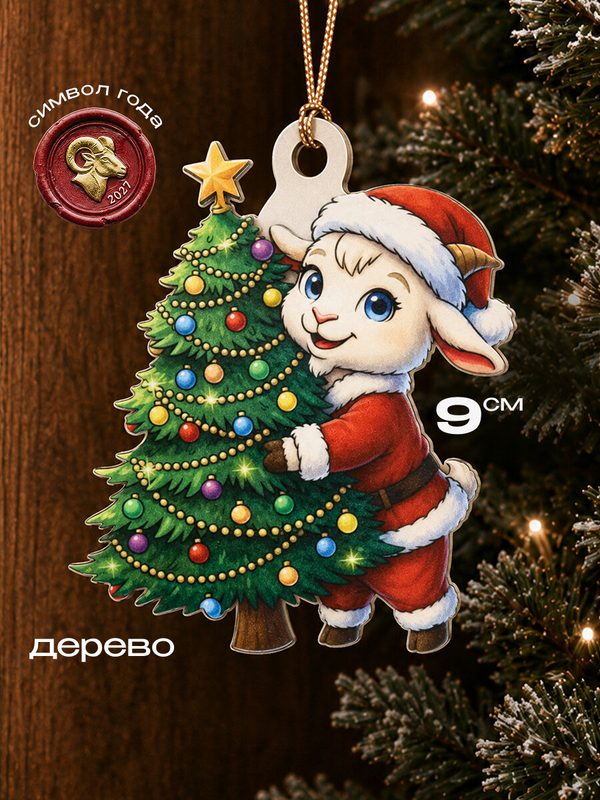 Новогодняя ёлочная подвеска "Козочка с ёлочкой" 9см. Модель из дерева. 2-х стор.(собственная разработка) 127170
