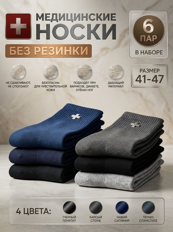 Носки  медицинские, комплект, 6 пар, размер 41-47, черный/серый/синий