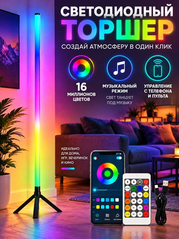 Напольный RGB светильник торшер 1,24 м с пультом и управлением через приложение, RGBIC подсветка с музыкой