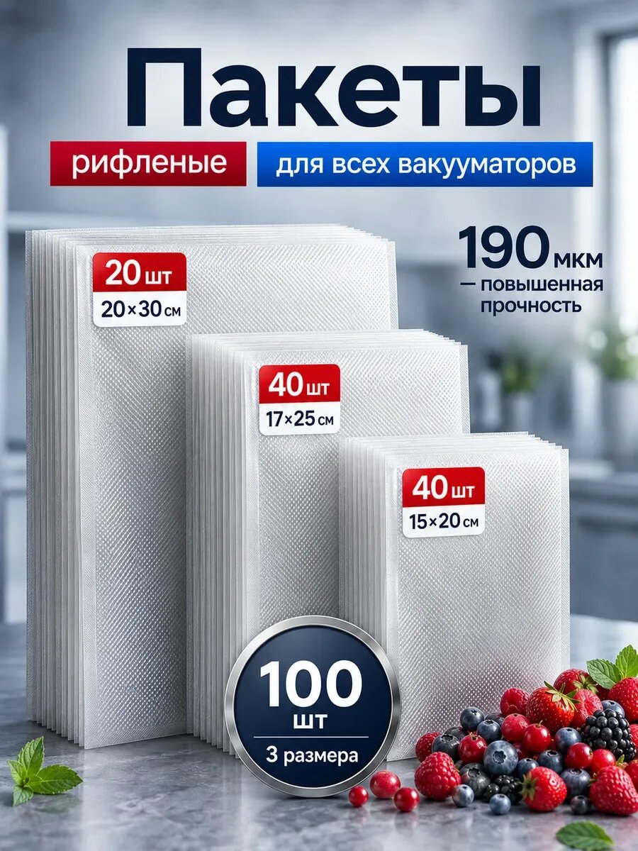 Пакеты для вакууматора рифленые DEVAEVA набор 15x20 17x25 20x30 см 100 шт