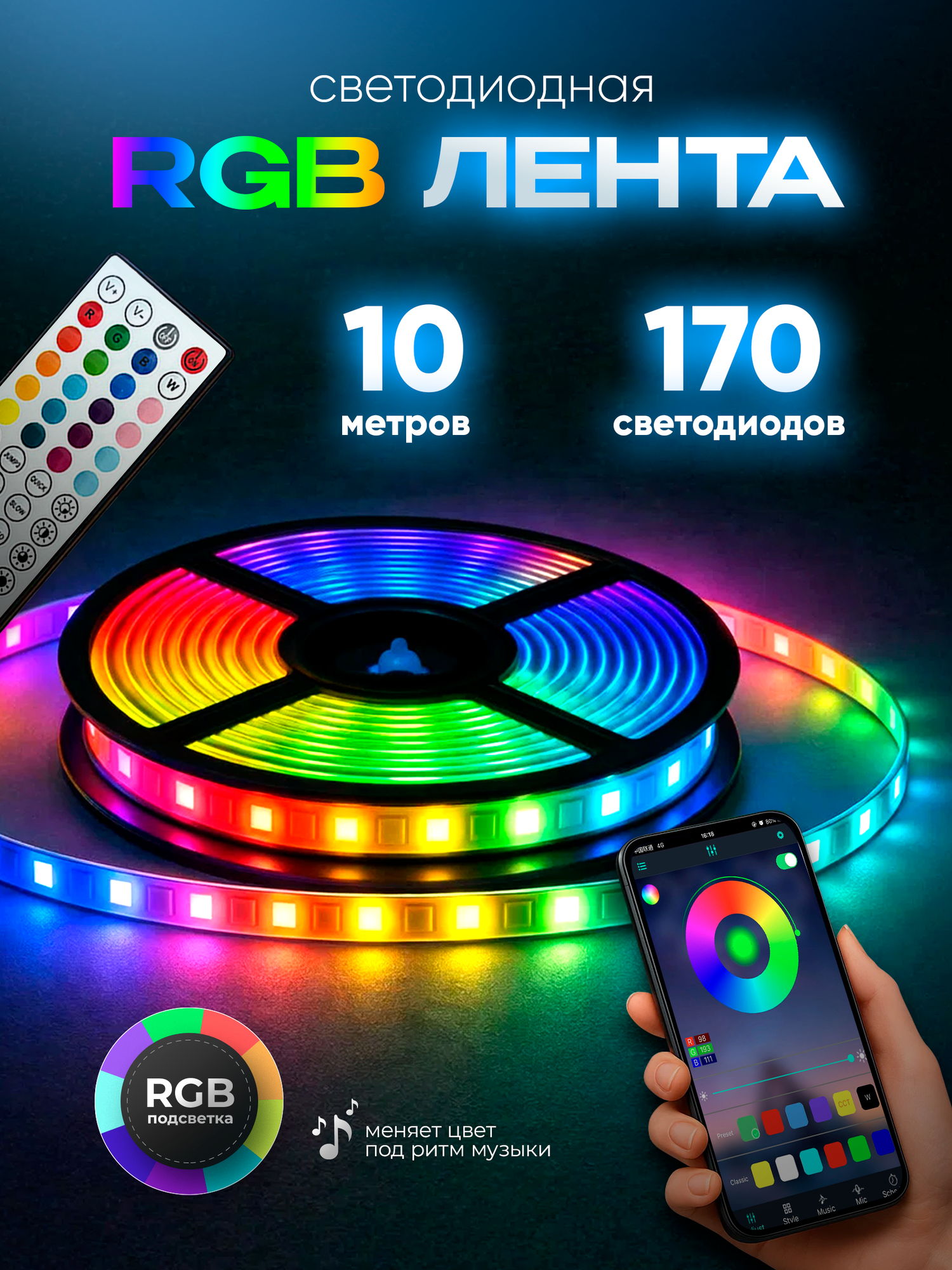 Светодиодная лента разноцветная с RGB и пультом управления WEDO LIGHT