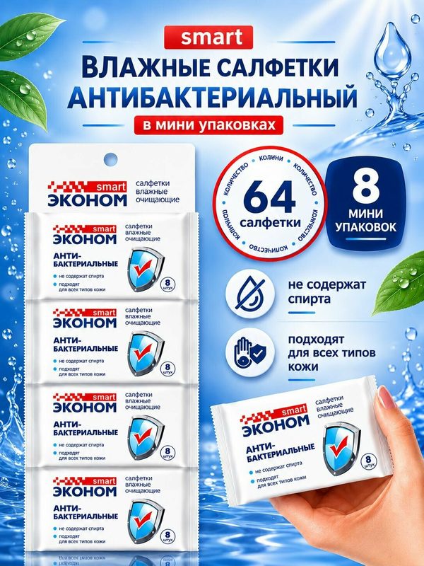 Влажные салфетки антибактериальные Smart Эконом, 64 шт (8х8), мини упаковки, без спирта, дорожные салфетки для рук и кожи