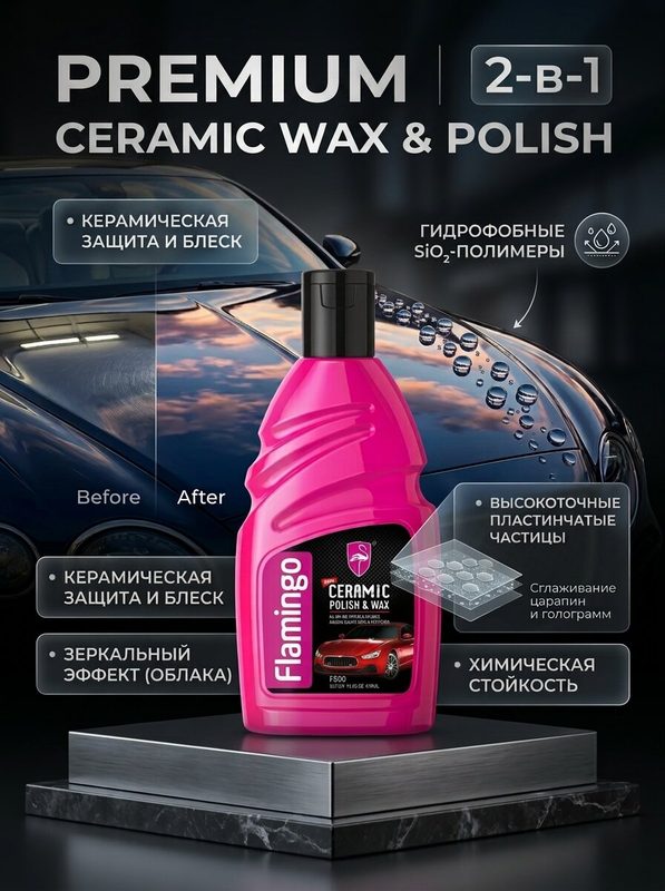 20мл керамика для автомобиля Flamingo Ceramic Polish & Wax F600 пробник, Полироль, блеск, керамика.