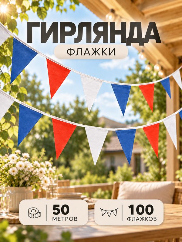 Флажки гирлянда, l-50 м, (набор 100 шт), флажок 13 х 18 см, белый-синий-красный
