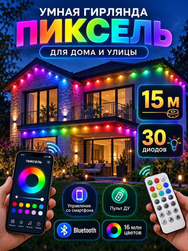 Умная гирлянда пиксель для дома и улицы, с управлением через смартфон, пульт ДУ, 15 метров