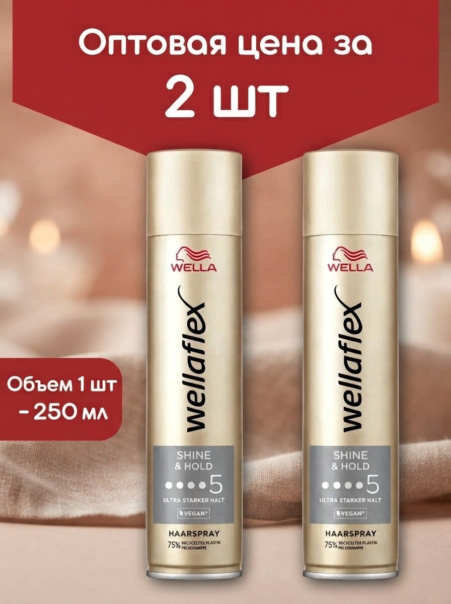 Оптом 2 шт. Лак для волос Wella Wellaflex Shiny Hold 250 мл Блеск и фиксация