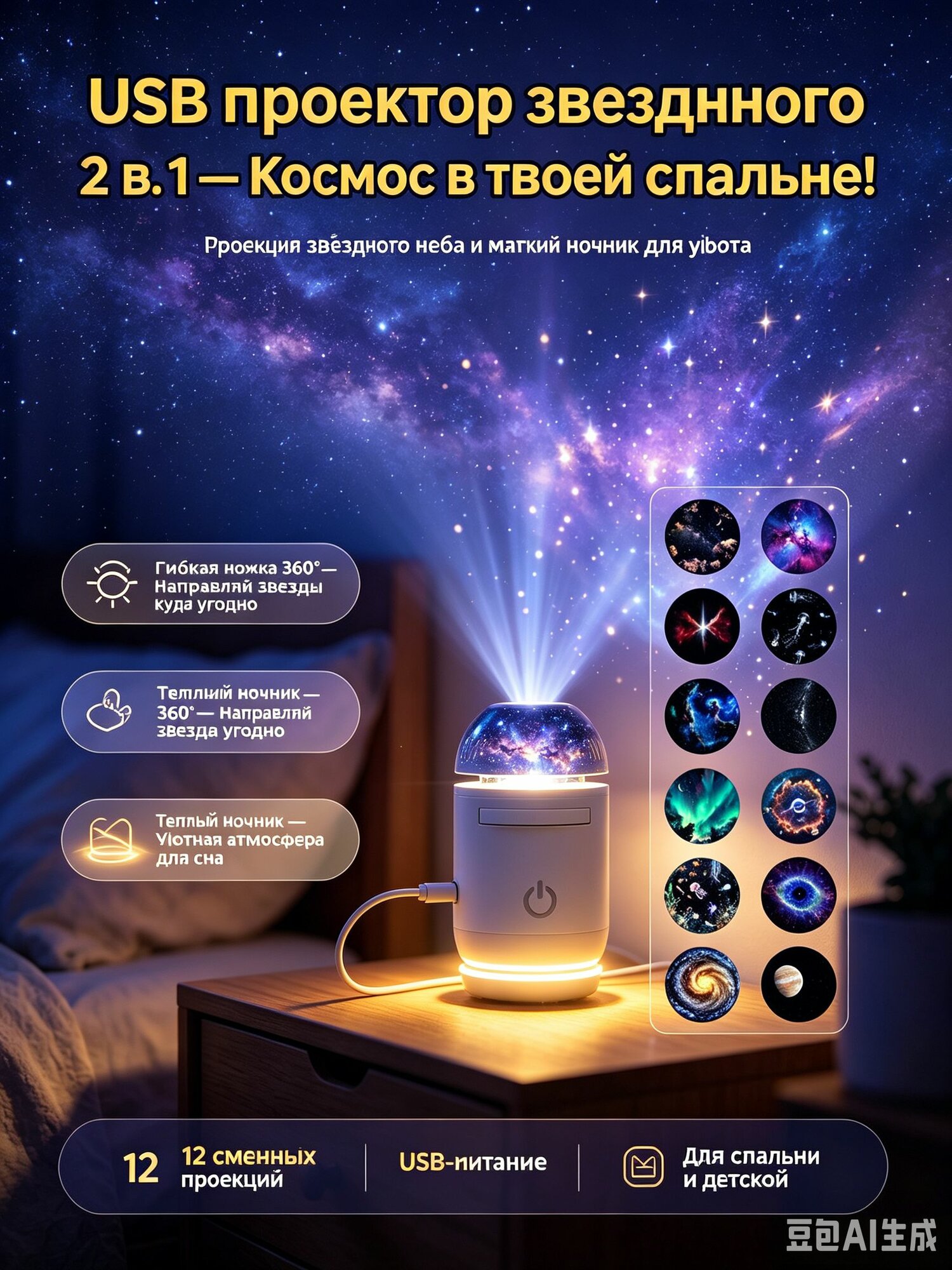 Ночник, USB проектор звездного неба 2 в 1-гибкий светильник, домашний планетарий для детской и спальни.