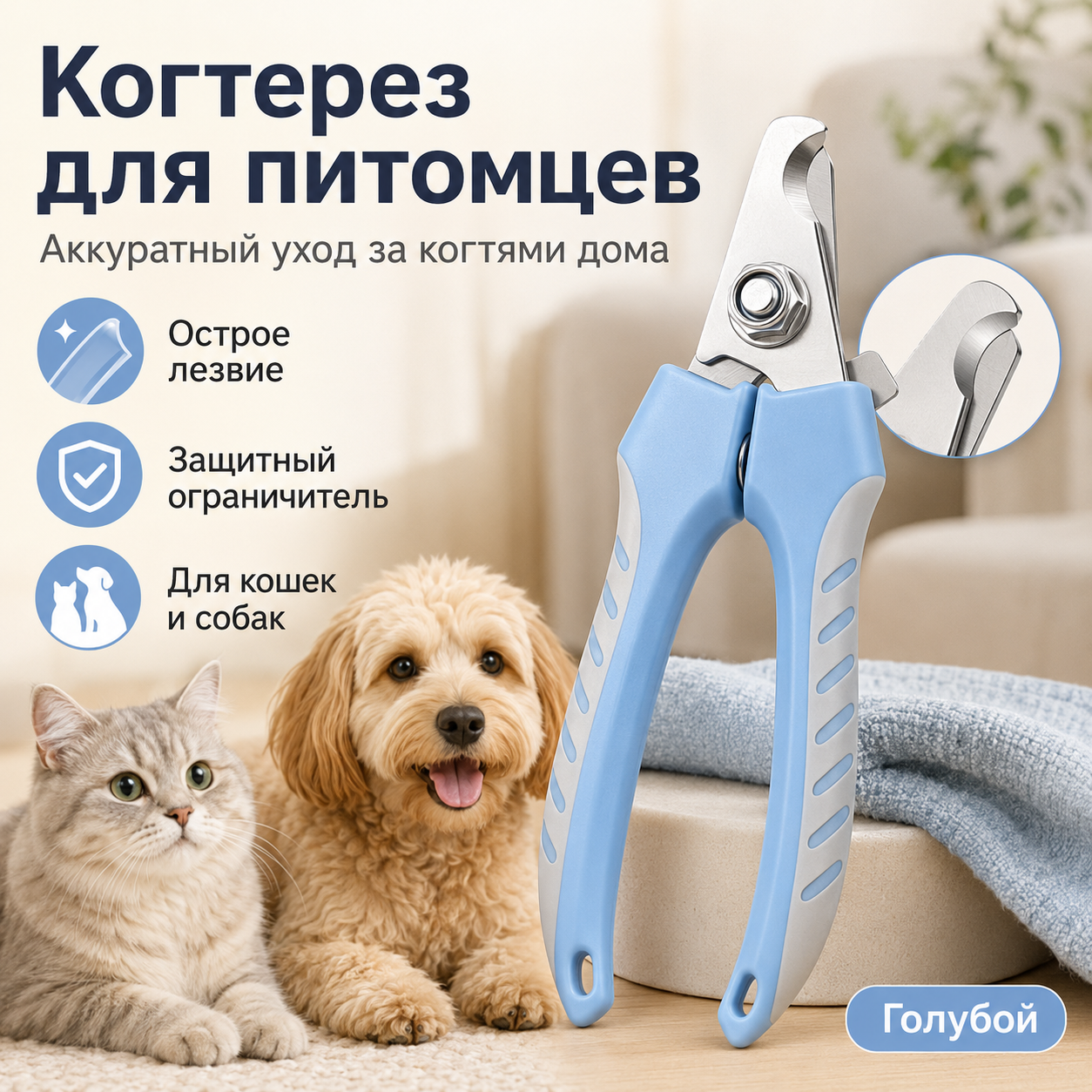 Когтерез голубой для кошек и собак, кусачки для когтей питомца с защитным ограничителем, острое лезвие для домашнего груминга