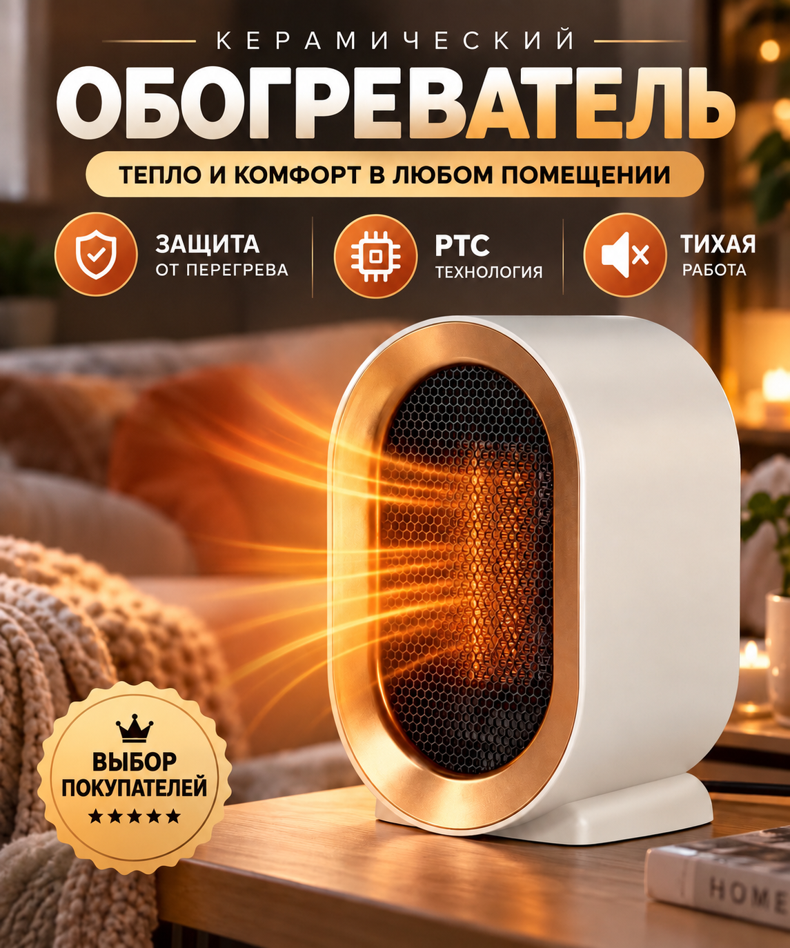 Тепловентилятор керамический 1200 Вт, настольный электрический обогреватель для дома