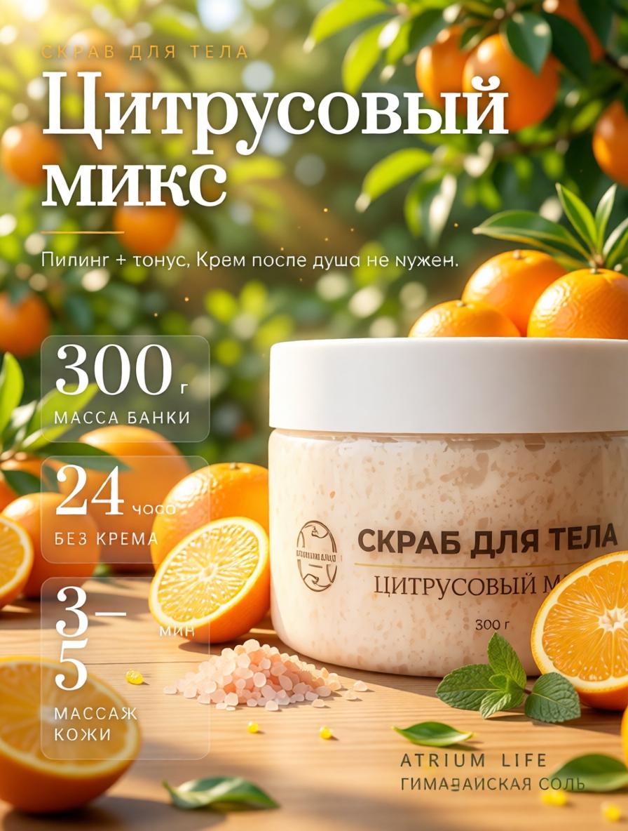 Скраб для тела "Цитрусовый микс", Скраб для тела увлажняющий с гималайской розовой солью и натуральными маслами