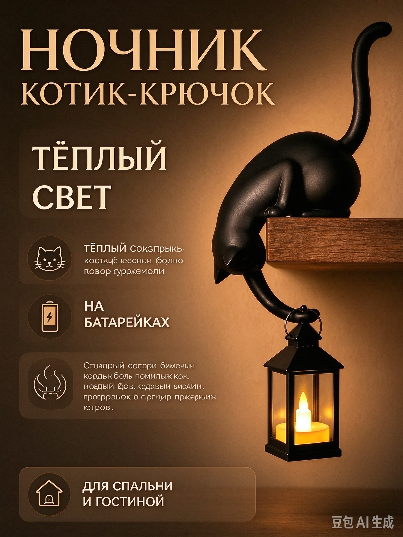 Ночник котик-крючок на батарейках, декоративная лампа кот с фонариком, тёплый свет, декор для спальни и гостиной