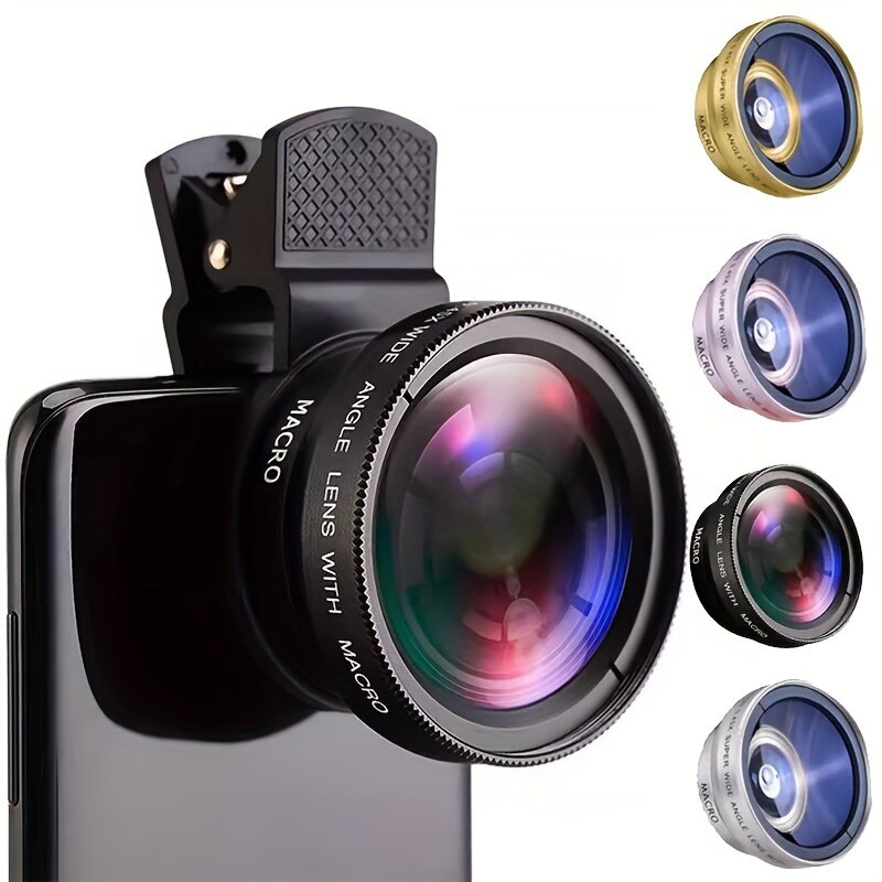 Универсальный объектив для смартфона 2 в 1, широкоугольный и макро, HD, 0.45x, 37 мм, с креплением-зажимом, чёрный
