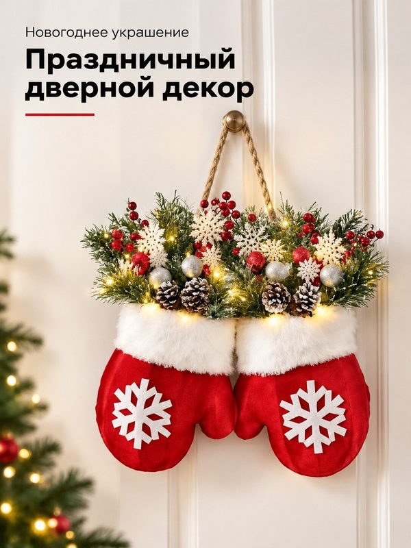 Рождественский венок-гирлянда в виде красных варежек со снежинками и подсветкой для украшения двери, Красный, Войлок, Искусственный мех, Пластик
