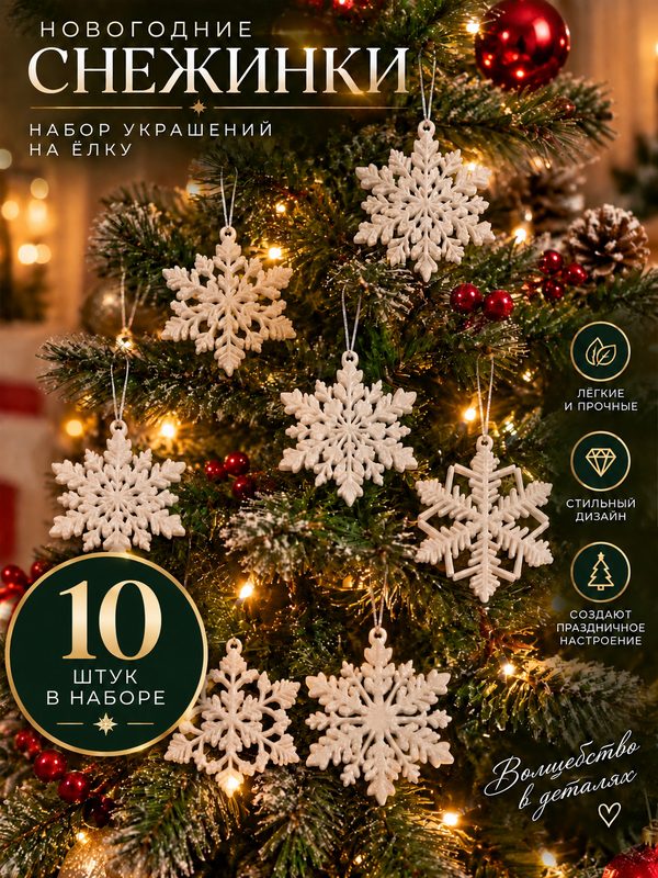 Снежинки ёлочные украшения набор 10 шт, белые, 5 дизайнов, новогодний декор