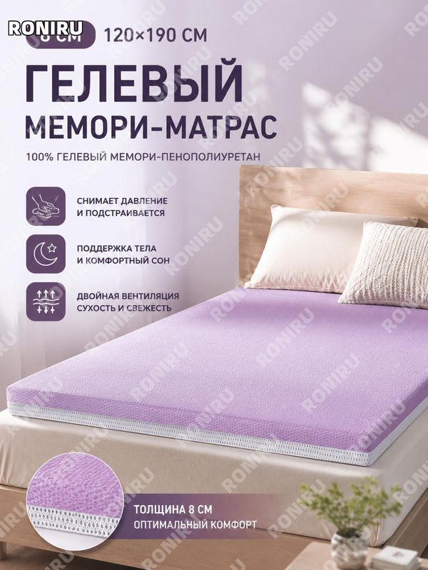Топпер для матраса гелевый 100% Memory Foam 8 см фиолетовый 120×190 см A класса трикотажный хлопок для спальни дома