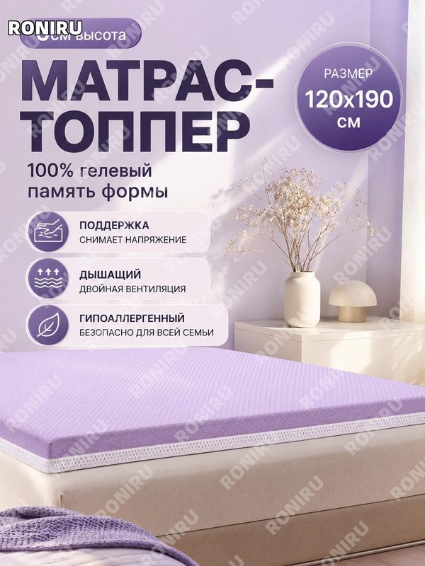 Топпер на матрас с гелевой памятью 120×190 см, 6 см, фиолетовый, 100% гель-мемори наполнитель, дышащий для дома