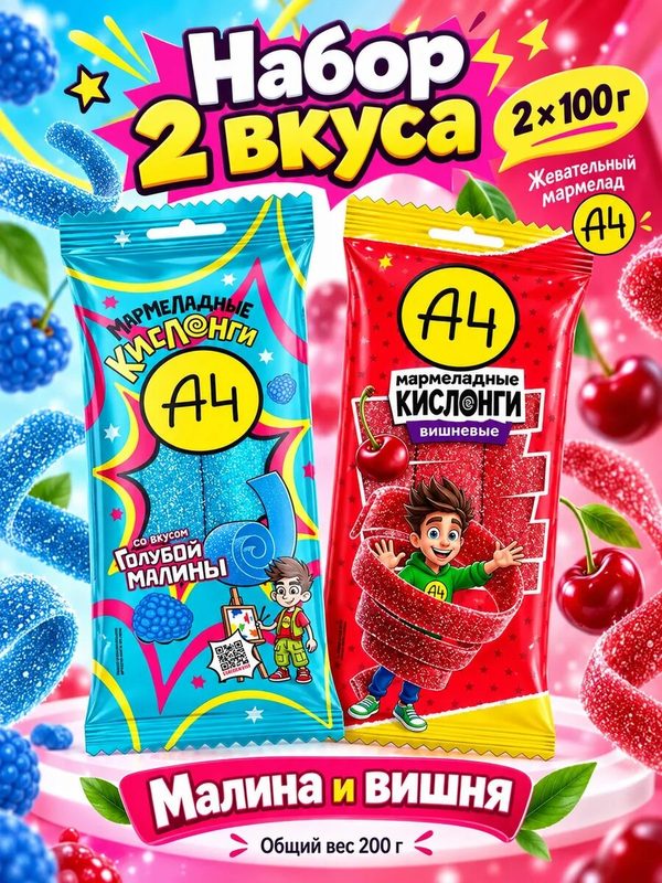 Набор мармелада А4 Малина и вишня, 2 вкуса по 100 г: Кислонги голубая малина, Кислонги вишня, кислый жевательный мармелад Влад А4, ассорти