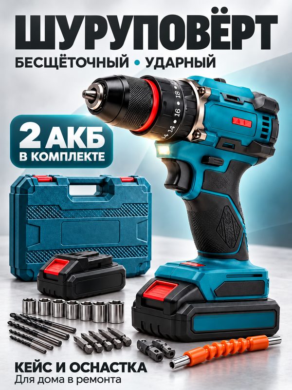 Шуруповёрт аккумуляторный бесщёточный ударный, 2 аккумулятора, набор оснастки и кейс