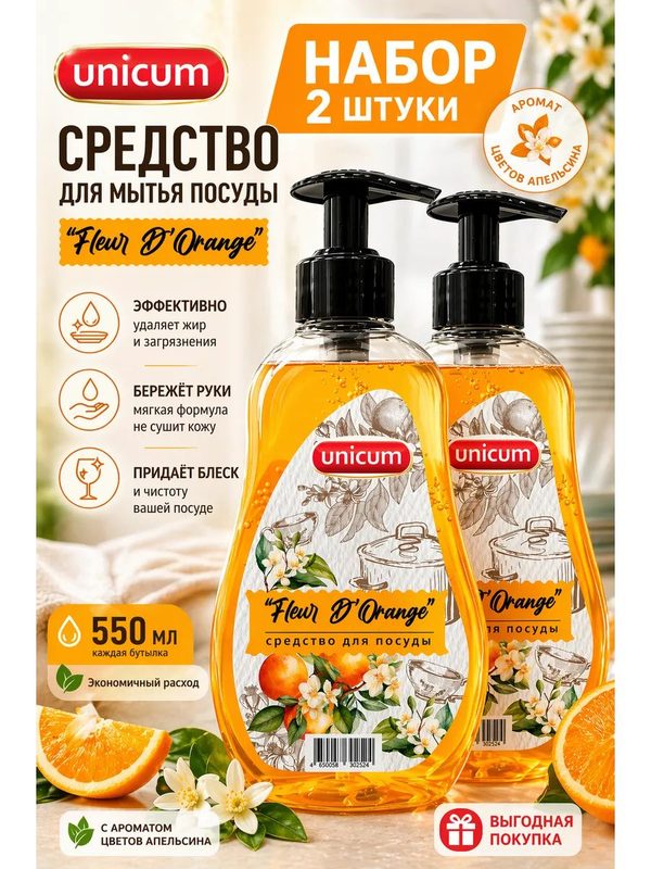 Набор 2 шт Unicum Средство для мытья посуды Fleur D Orange 550 мл