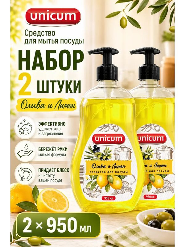 Набор 2 шт Unicum Средство для мытья посуды Олива и Лимон 950 мл